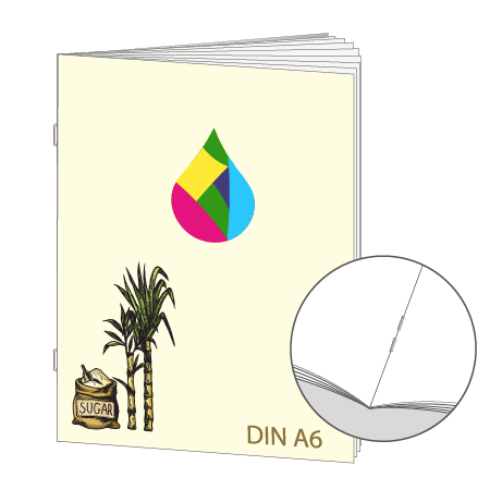 Broschüre aus Zuckerrohrpapier | DIN A6 16-Seiter | bedruckt