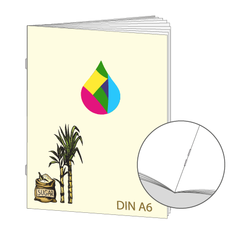 Broschüre aus Zuckerrohrpapier | DIN A6 28-Seiter | bedruckt